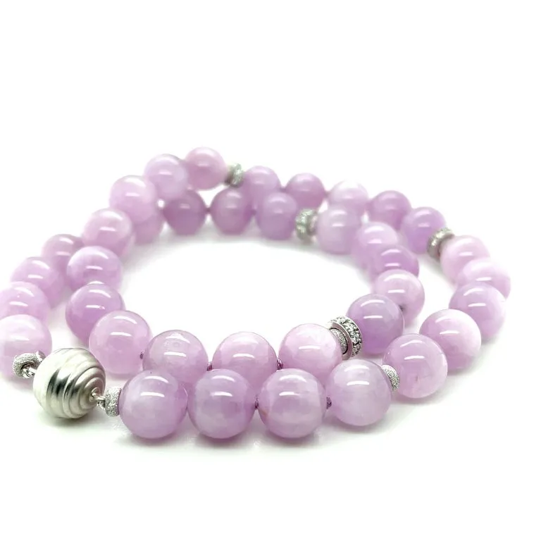12mm Round Kunzite Beaded Necklace with Diamond and Gold Accents, 18 Inches