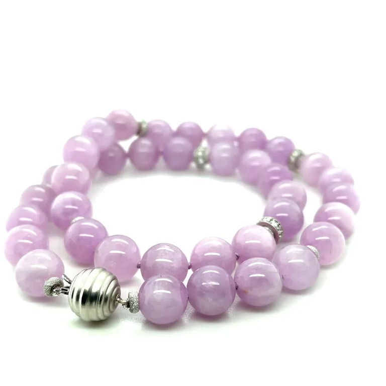 12mm Round Kunzite Beaded Necklace with Diamond and Gold Accents, 18 Inches