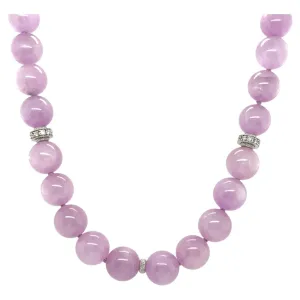 12mm Round Kunzite Beaded Necklace with Diamond and Gold Accents, 18 Inches