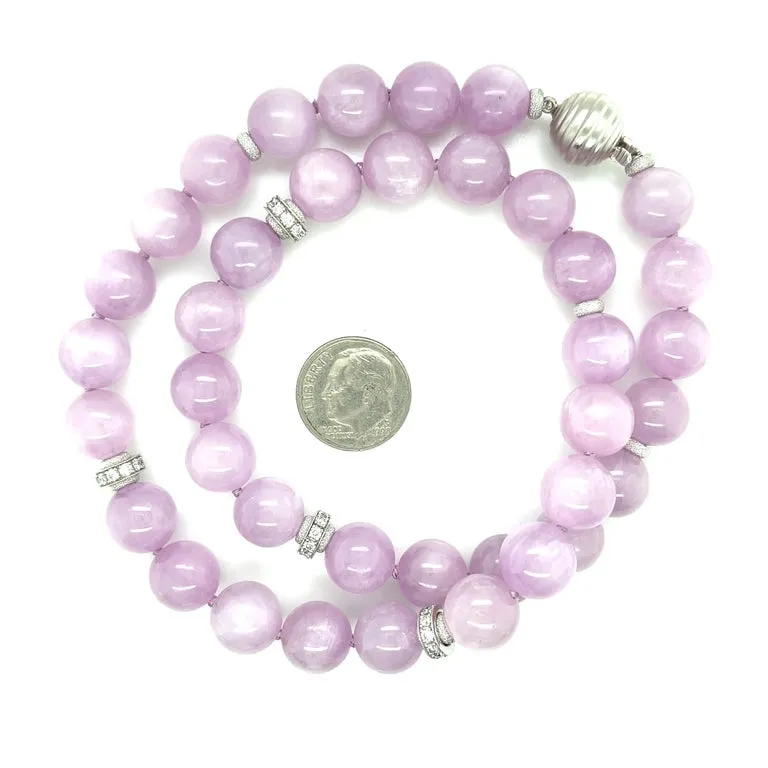 12mm Round Kunzite Beaded Necklace with Diamond and Gold Accents, 18 Inches
