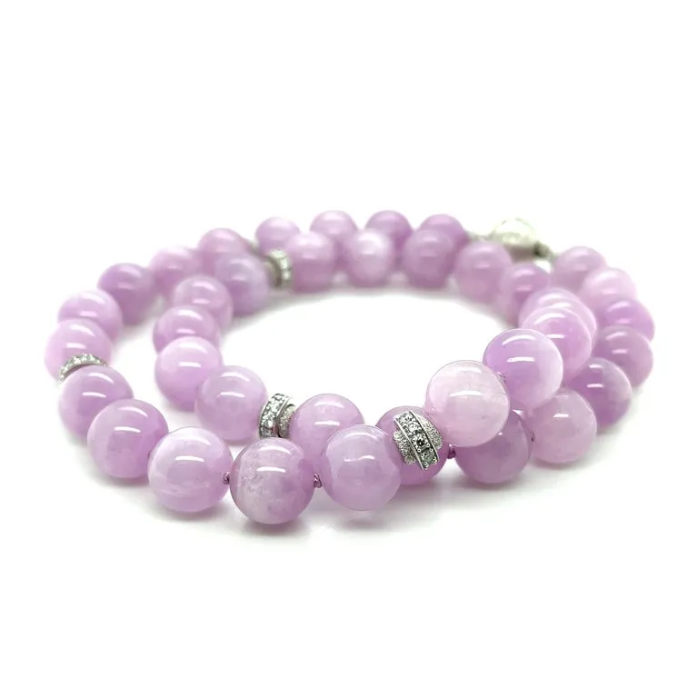 12mm Round Kunzite Beaded Necklace with Diamond and Gold Accents, 18 Inches