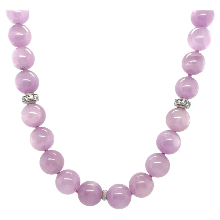 12mm Round Kunzite Beaded Necklace with Diamond and Gold Accents, 18 Inches