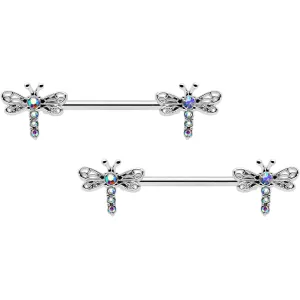 14 Gauge 9/16 Aurora Gem Ornate Dragonflies Barbell Nipple Ring Set