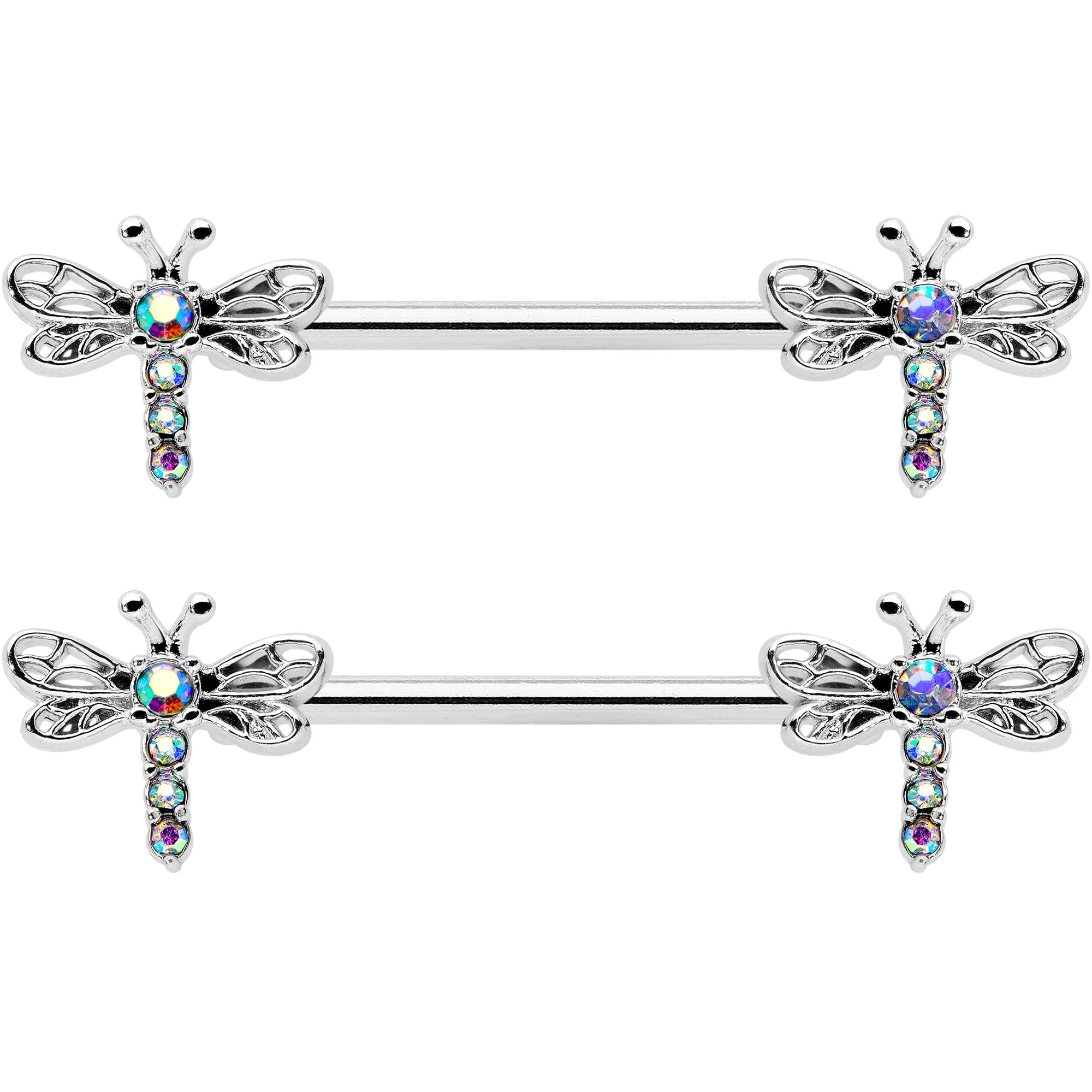 14 Gauge 9/16 Aurora Gem Ornate Dragonflies Barbell Nipple Ring Set