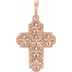 14K Rose Ornate Floral-Inspired Cross Pendant