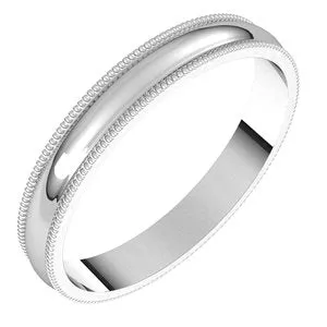 14K White 3 mm Milgrain Half Round Light Band Size 8