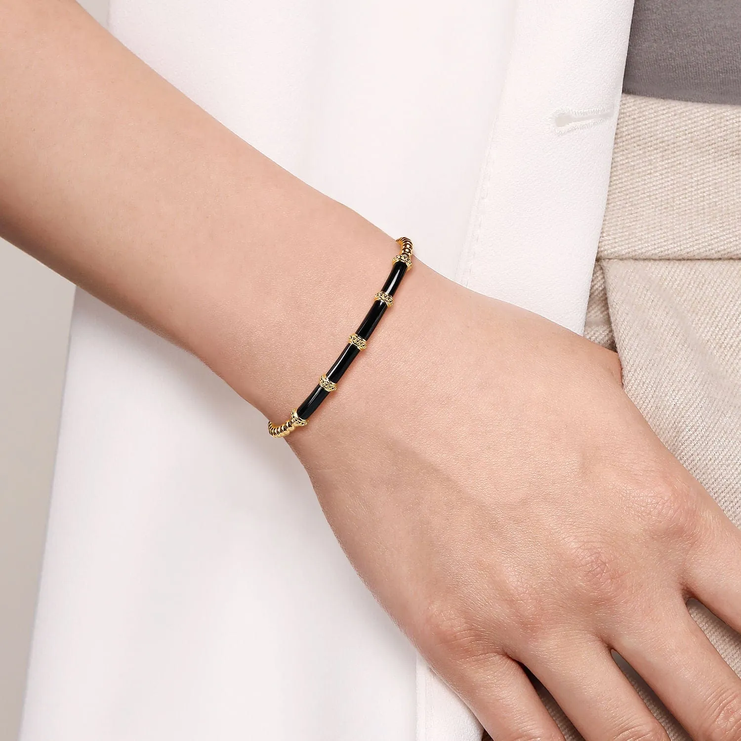 14K Yellow Gold Bujukan Beads Split Bangle with Black Enamel