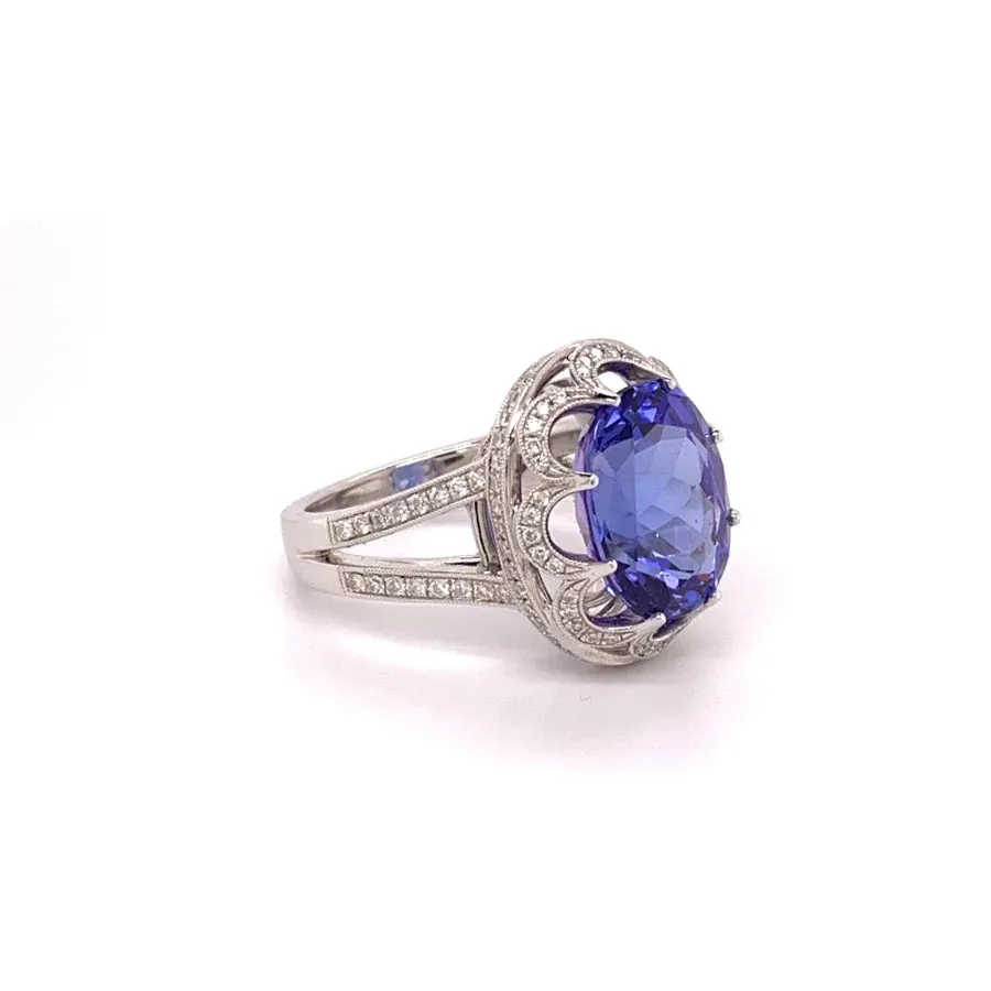 18K White Gold Oval Tanzanite and Round Diamond Ring