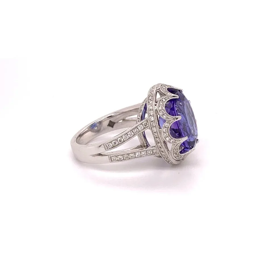 18K White Gold Oval Tanzanite and Round Diamond Ring
