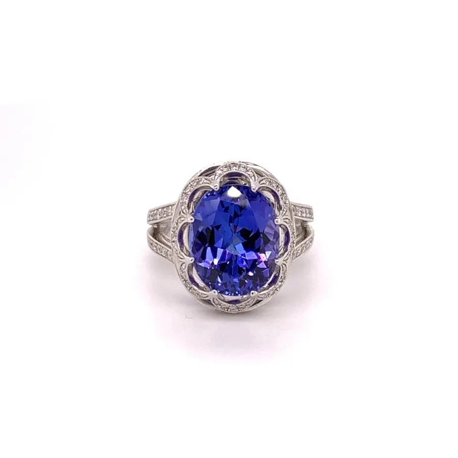 18K White Gold Oval Tanzanite and Round Diamond Ring