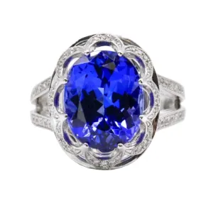 18K White Gold Oval Tanzanite and Round Diamond Ring