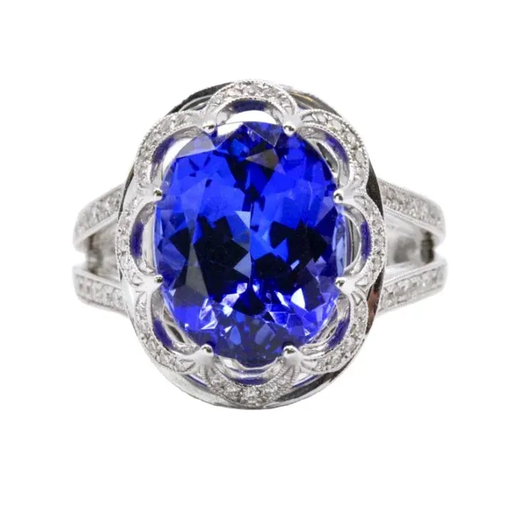 18K White Gold Oval Tanzanite and Round Diamond Ring