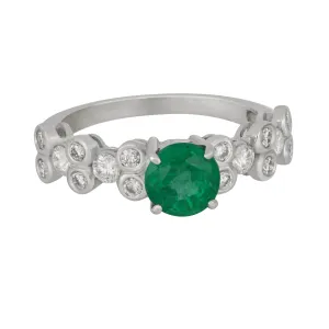 18k White Gold Round Emerald and Diamond Ring Size 7, EM=1.30tw D=0.64tw
