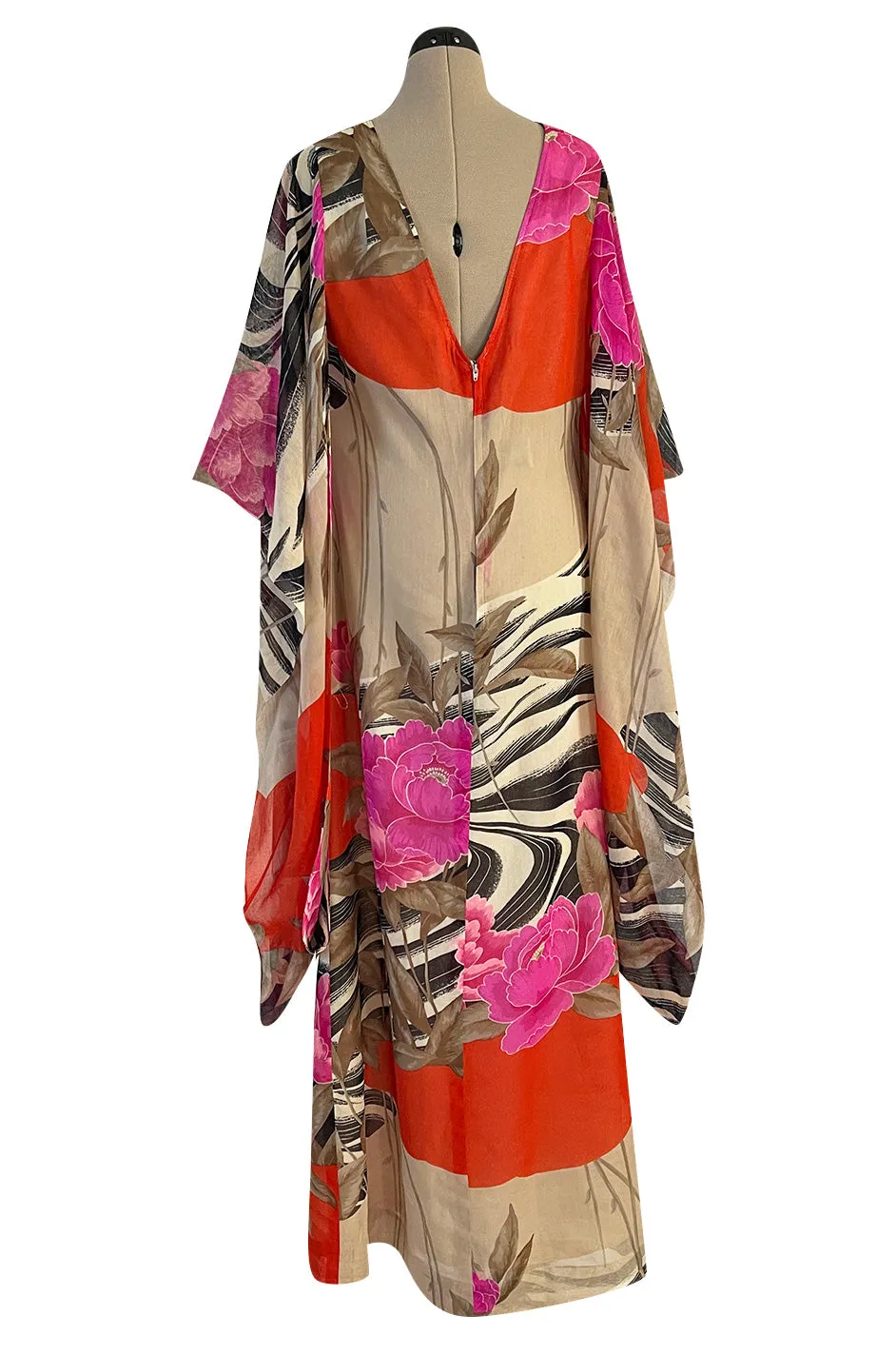 1960s Hanae Mori Couture Long Open Kimono Sleeve Pink Floral Print Cotton Caftan Dress
