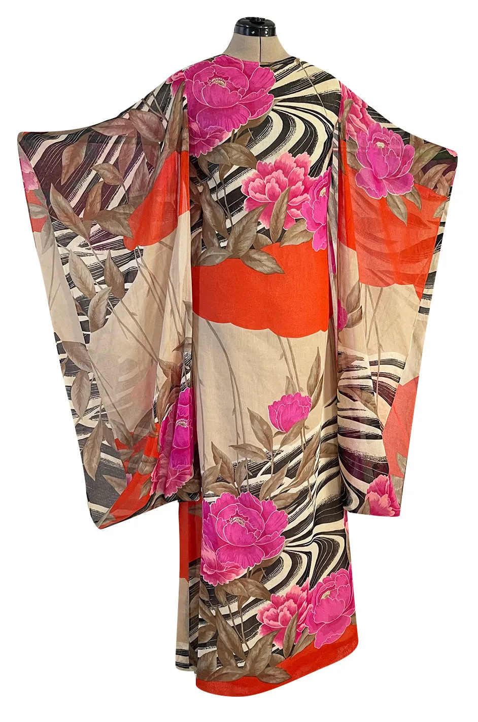 1960s Hanae Mori Couture Long Open Kimono Sleeve Pink Floral Print Cotton Caftan Dress