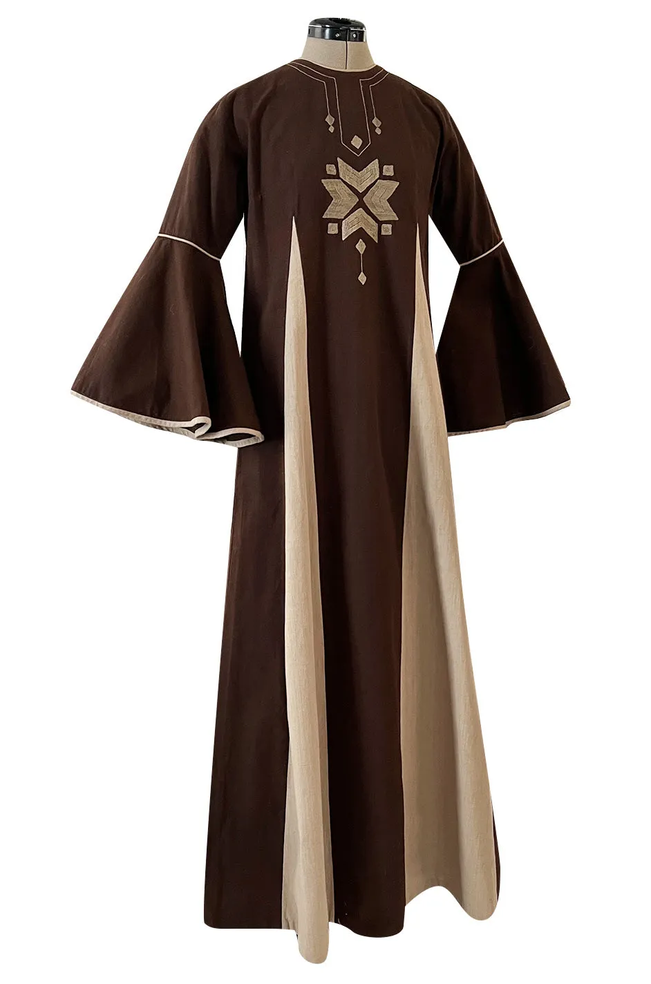 1960s Josefa Hand Embroidered Chocolate & Natural Linen Colour Bell Sleeve Caftan
