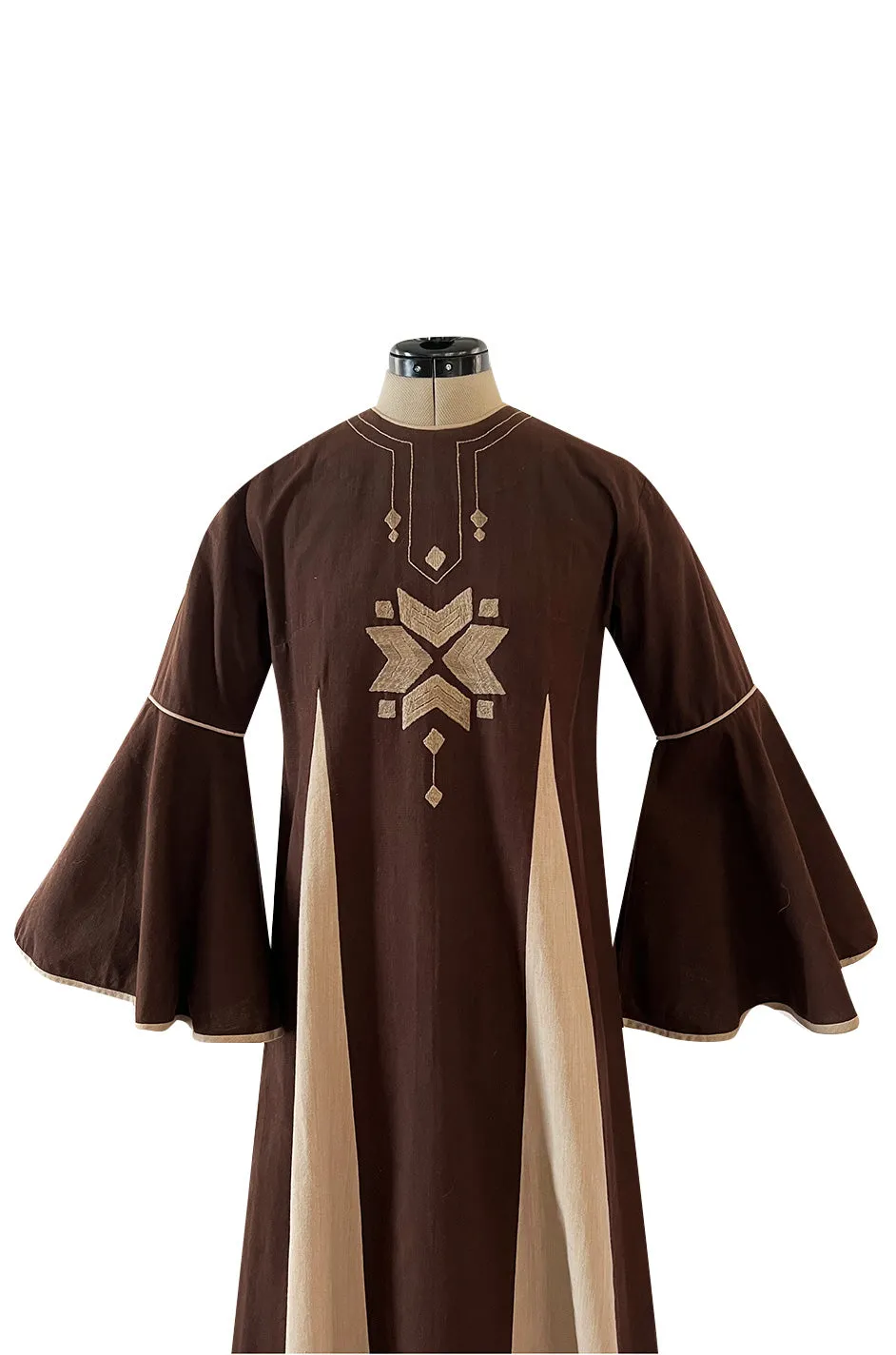 1960s Josefa Hand Embroidered Chocolate & Natural Linen Colour Bell Sleeve Caftan