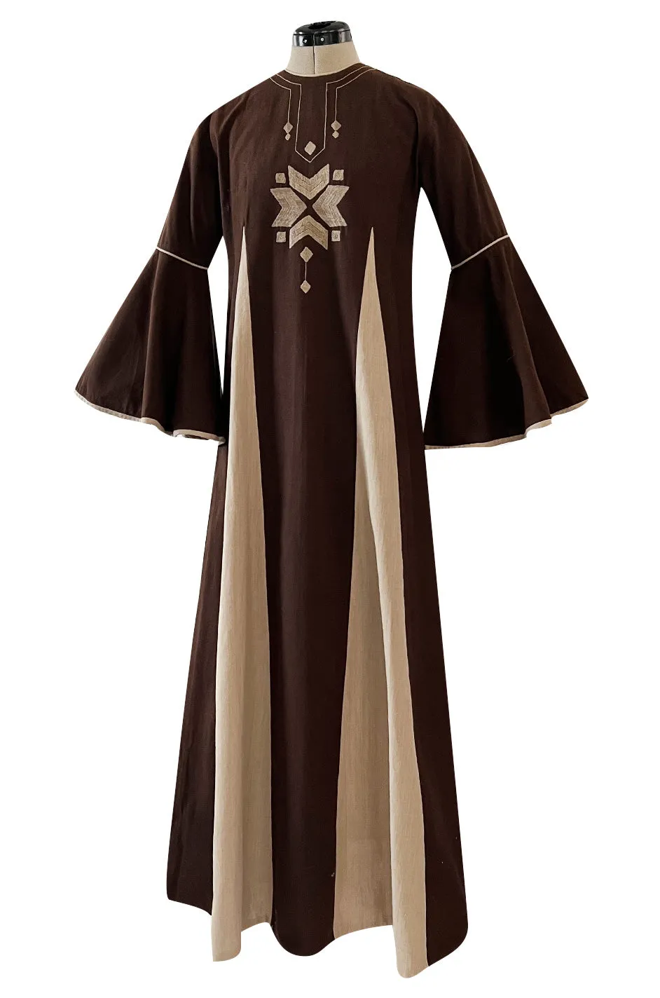 1960s Josefa Hand Embroidered Chocolate & Natural Linen Colour Bell Sleeve Caftan