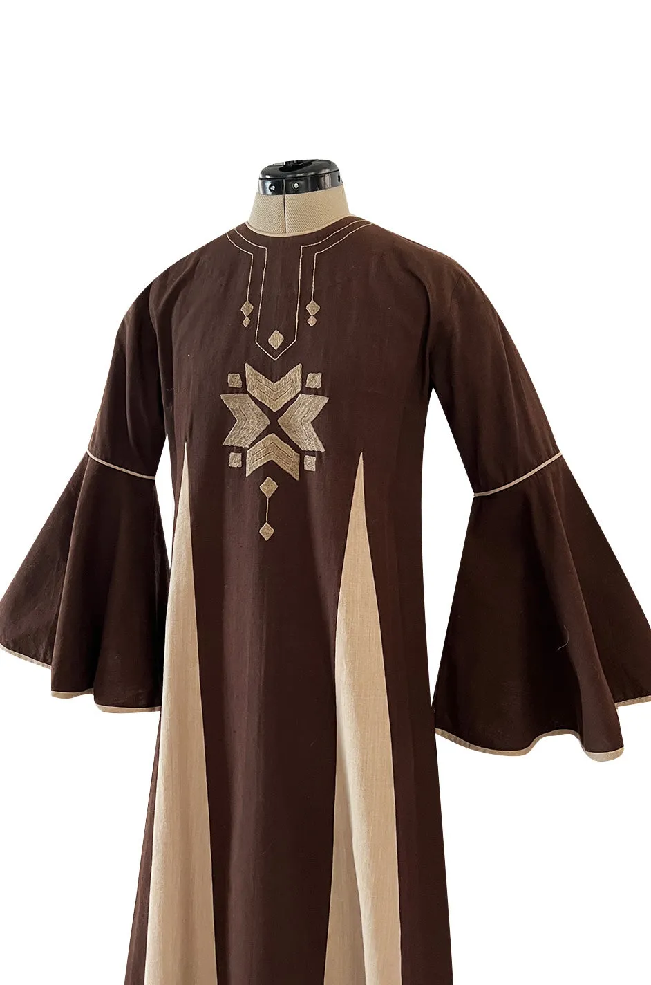1960s Josefa Hand Embroidered Chocolate & Natural Linen Colour Bell Sleeve Caftan