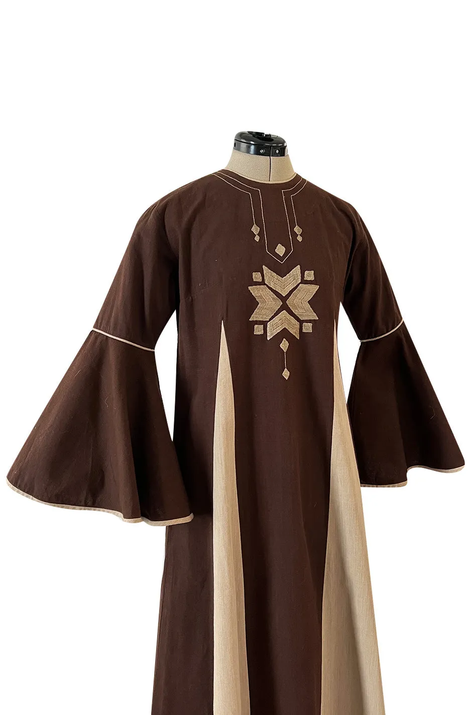 1960s Josefa Hand Embroidered Chocolate & Natural Linen Colour Bell Sleeve Caftan