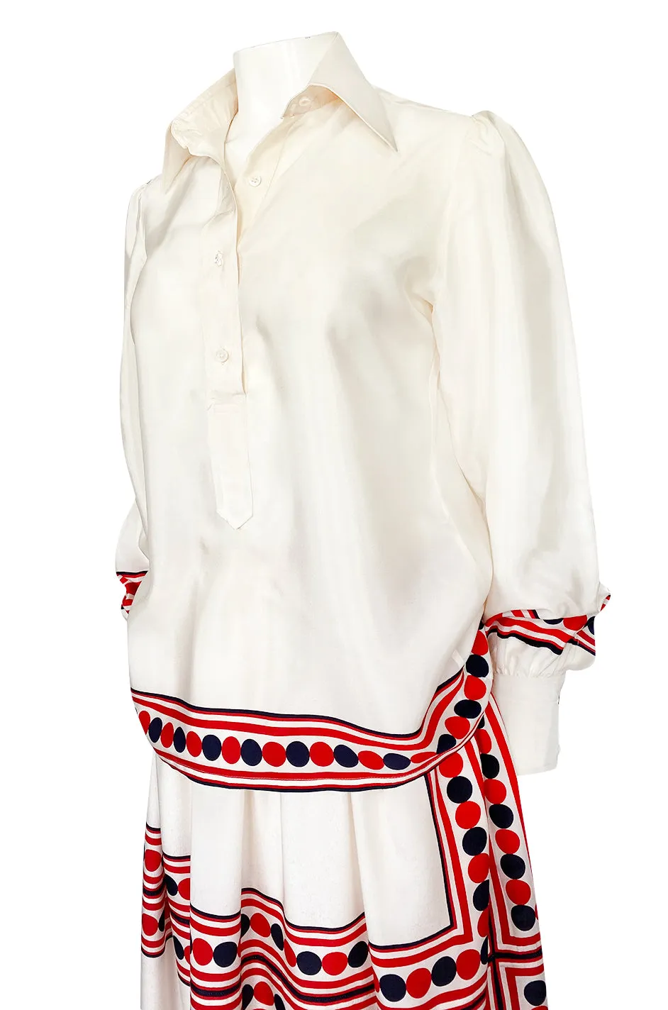 1960s Valentino Two Piece Ivory and Red Striped Silk Skirt & Top Set