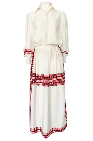 1960s Valentino Two Piece Ivory and Red Striped Silk Skirt & Top Set