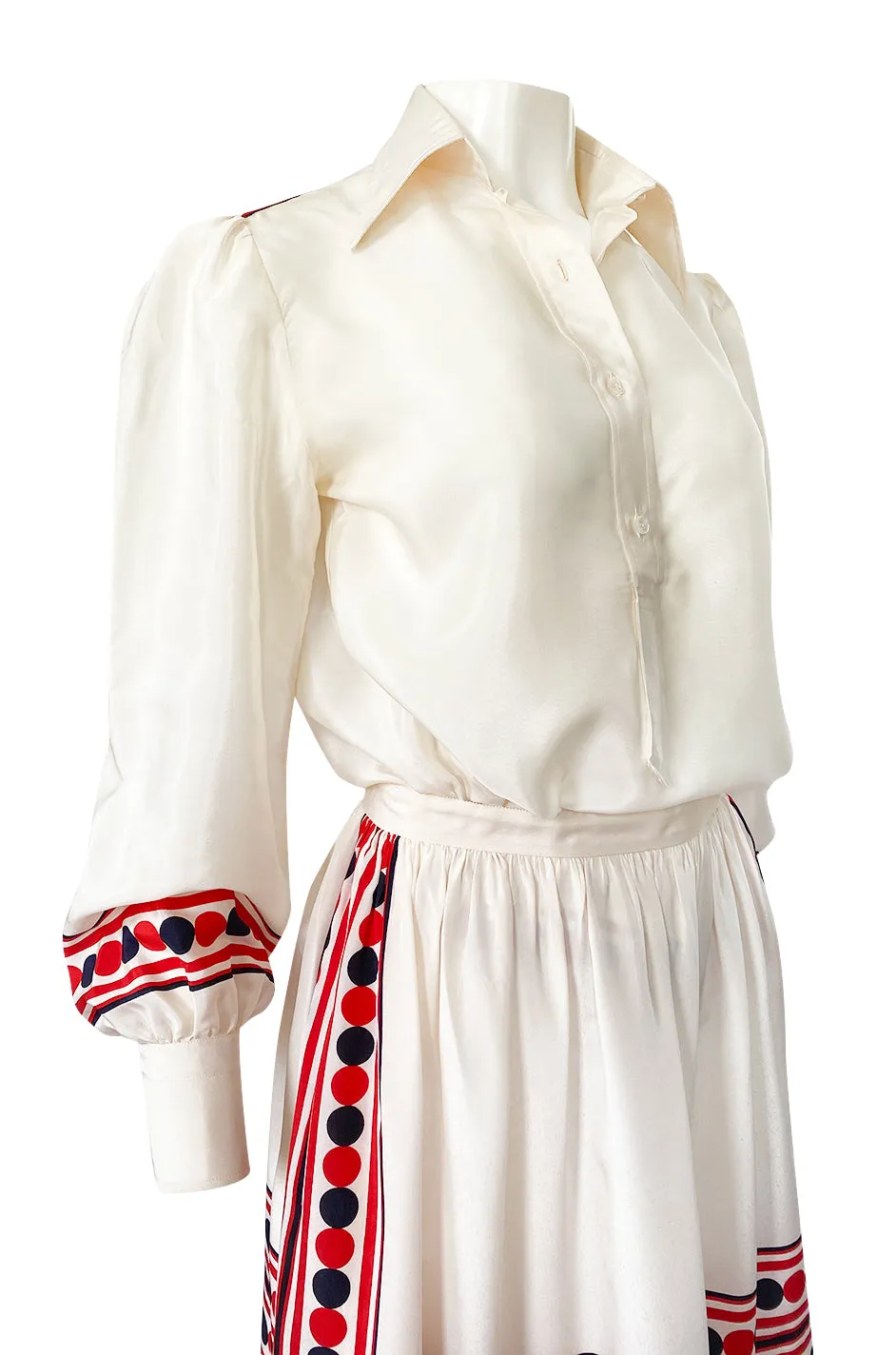 1960s Valentino Two Piece Ivory and Red Striped Silk Skirt & Top Set