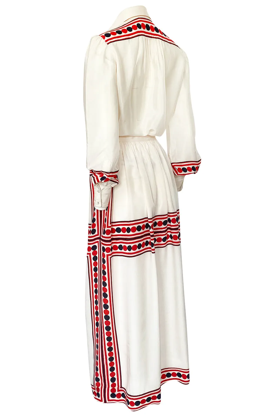 1960s Valentino Two Piece Ivory and Red Striped Silk Skirt & Top Set