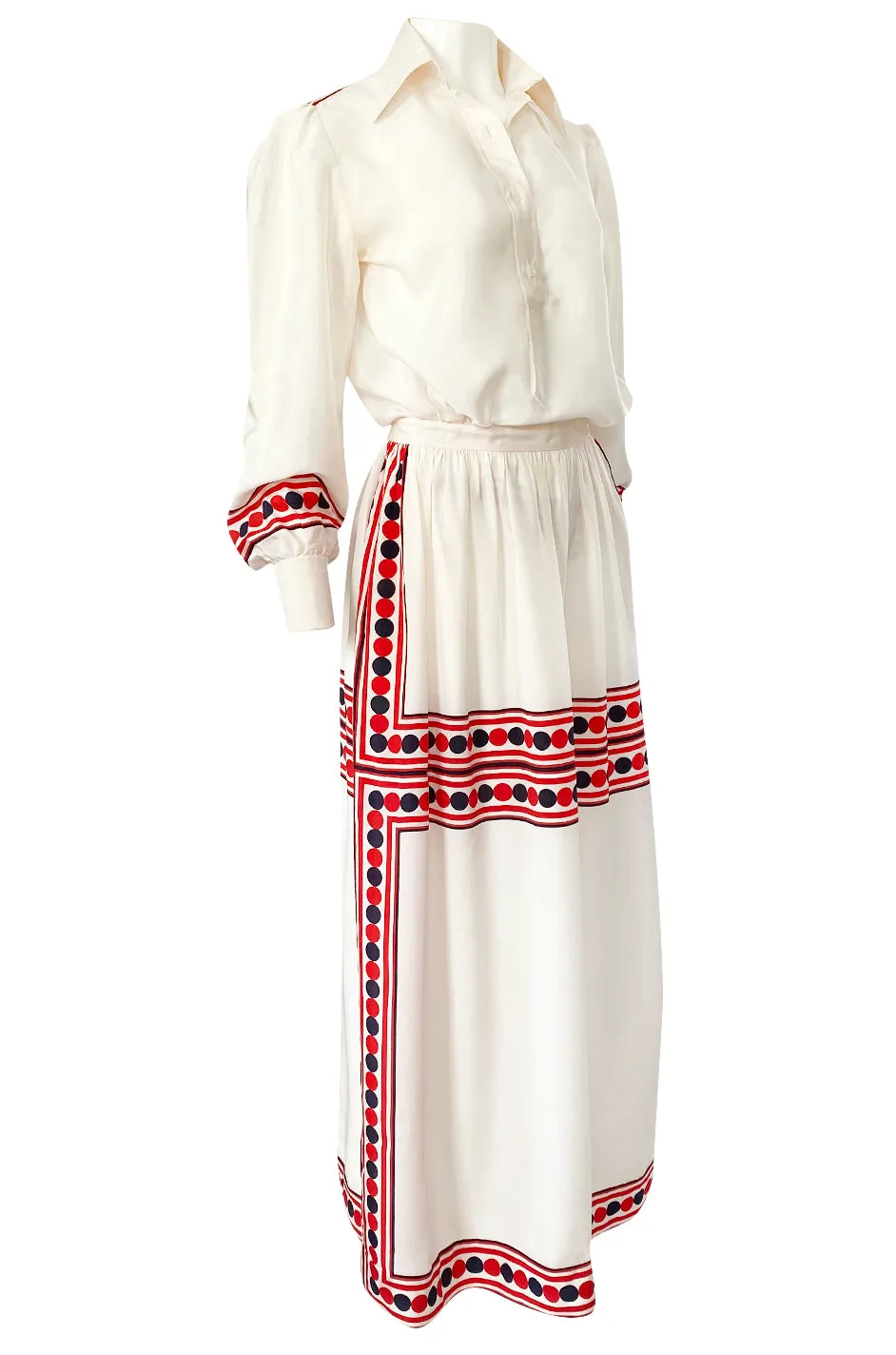 1960s Valentino Two Piece Ivory and Red Striped Silk Skirt & Top Set