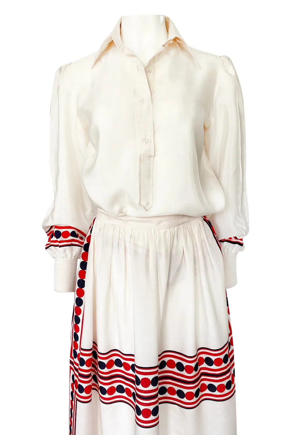 1960s Valentino Two Piece Ivory and Red Striped Silk Skirt & Top Set
