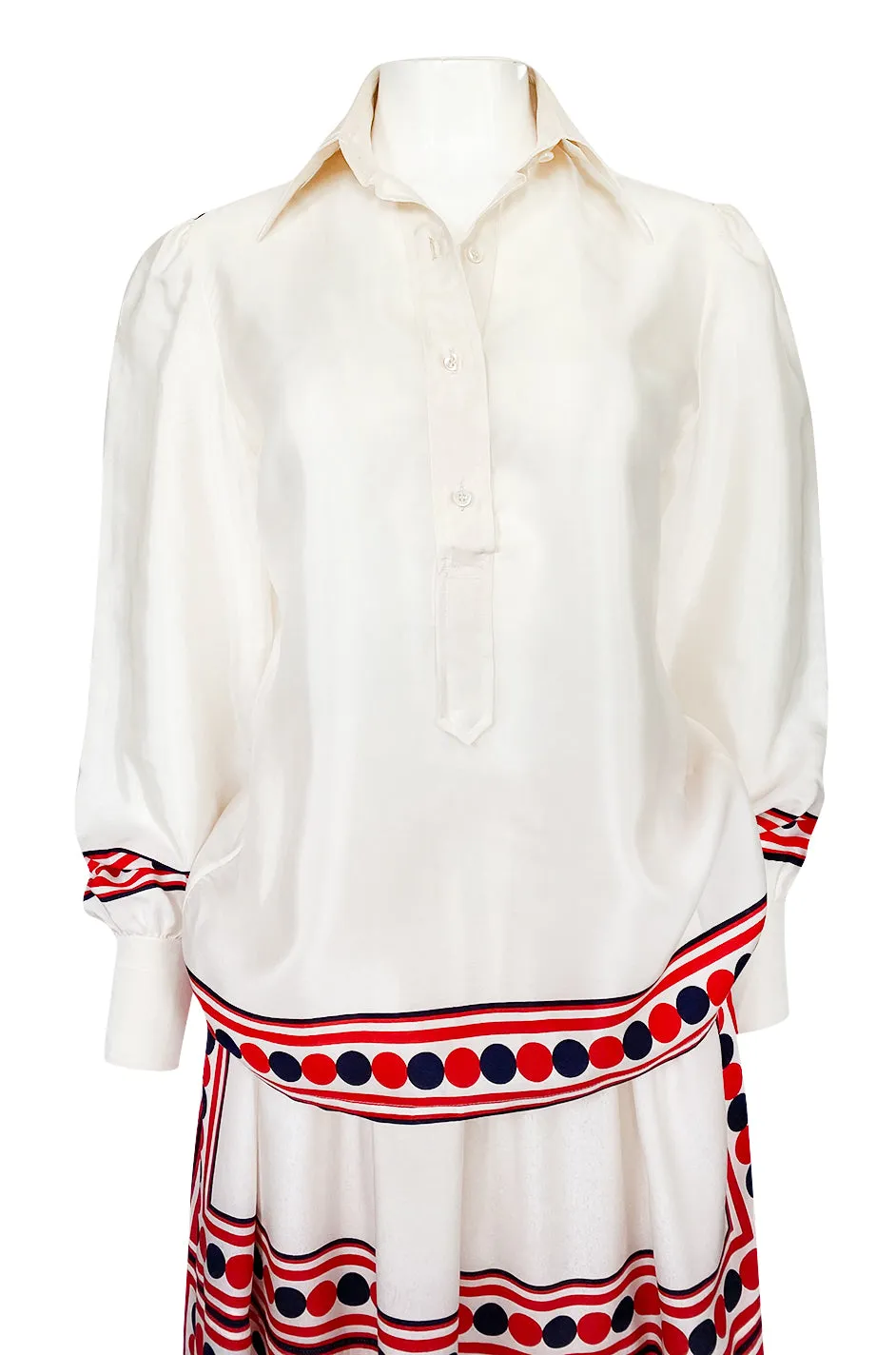 1960s Valentino Two Piece Ivory and Red Striped Silk Skirt & Top Set