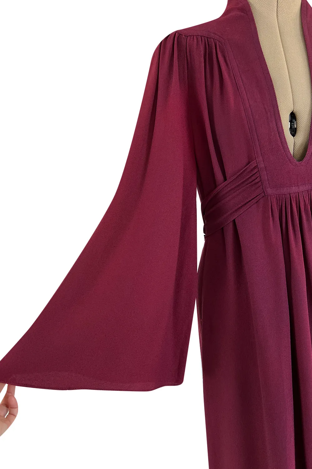 1970 Ossie Clark 'Graduation' Front Plunge Dress in a Burgundy Moss Crepe
