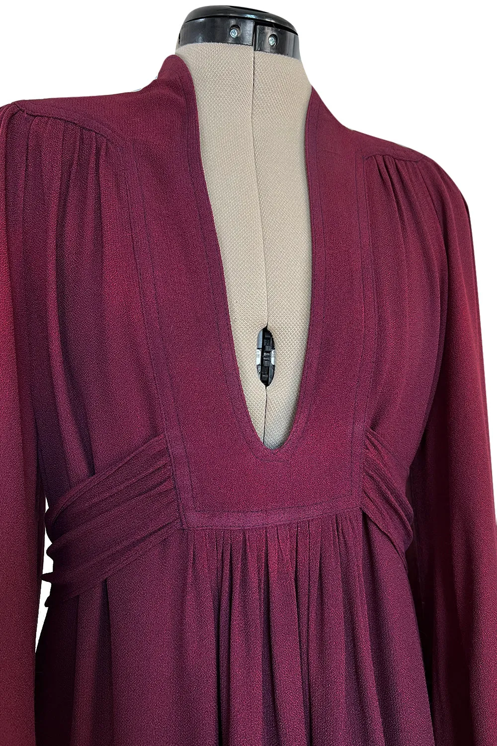 1970 Ossie Clark 'Graduation' Front Plunge Dress in a Burgundy Moss Crepe