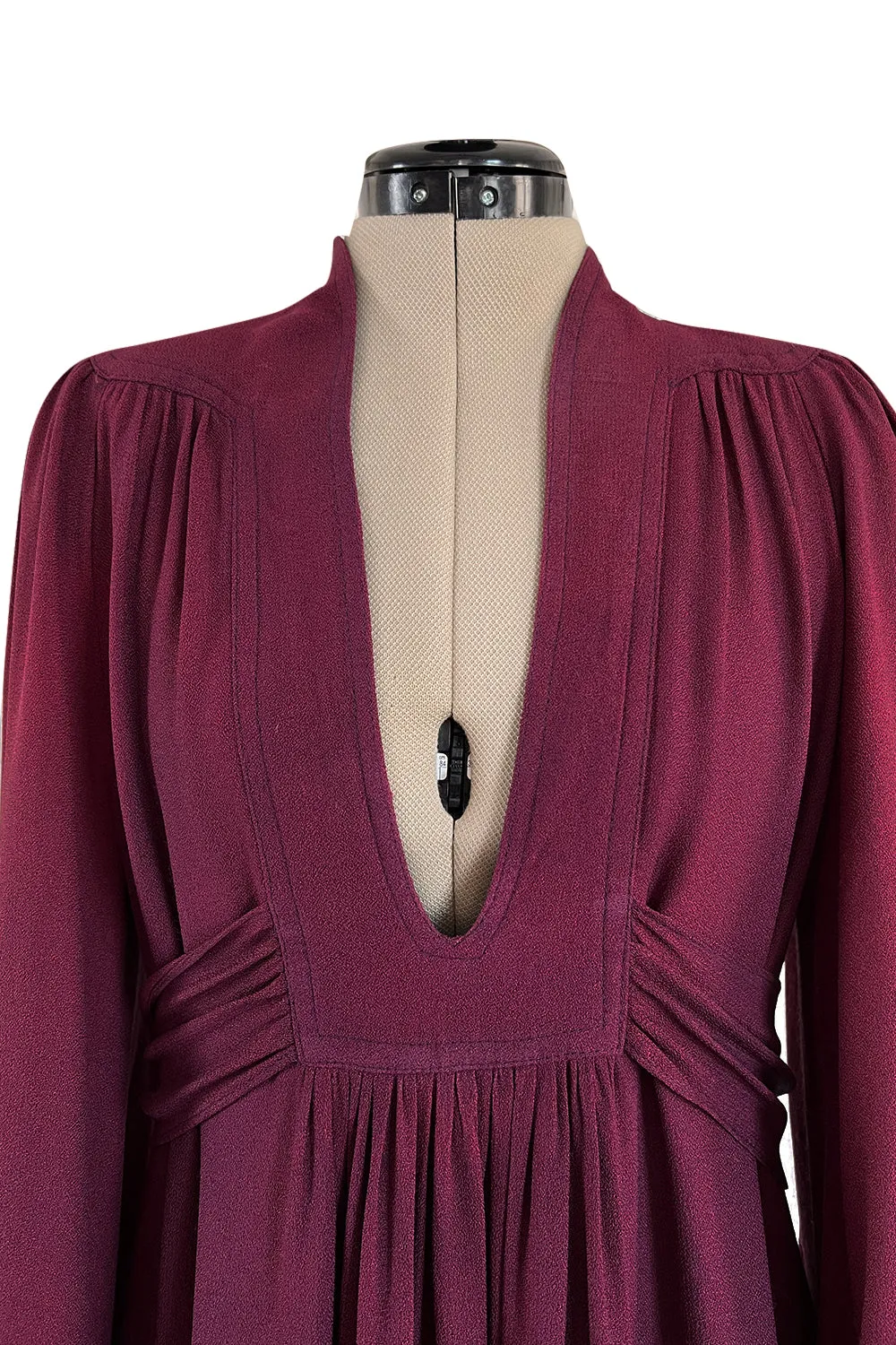 1970 Ossie Clark 'Graduation' Front Plunge Dress in a Burgundy Moss Crepe