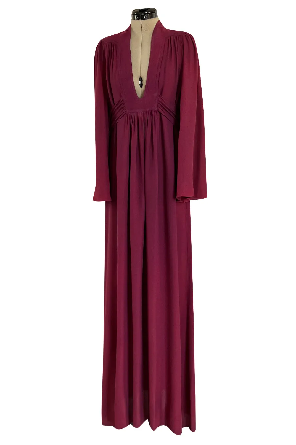1970 Ossie Clark 'Graduation' Front Plunge Dress in a Burgundy Moss Crepe