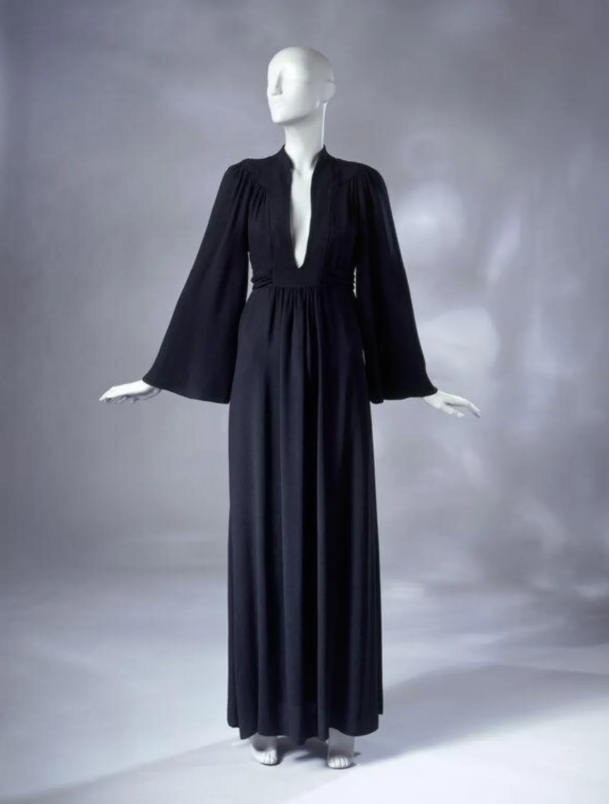 1970 Ossie Clark 'Graduation' Front Plunge Dress in a Burgundy Moss Crepe