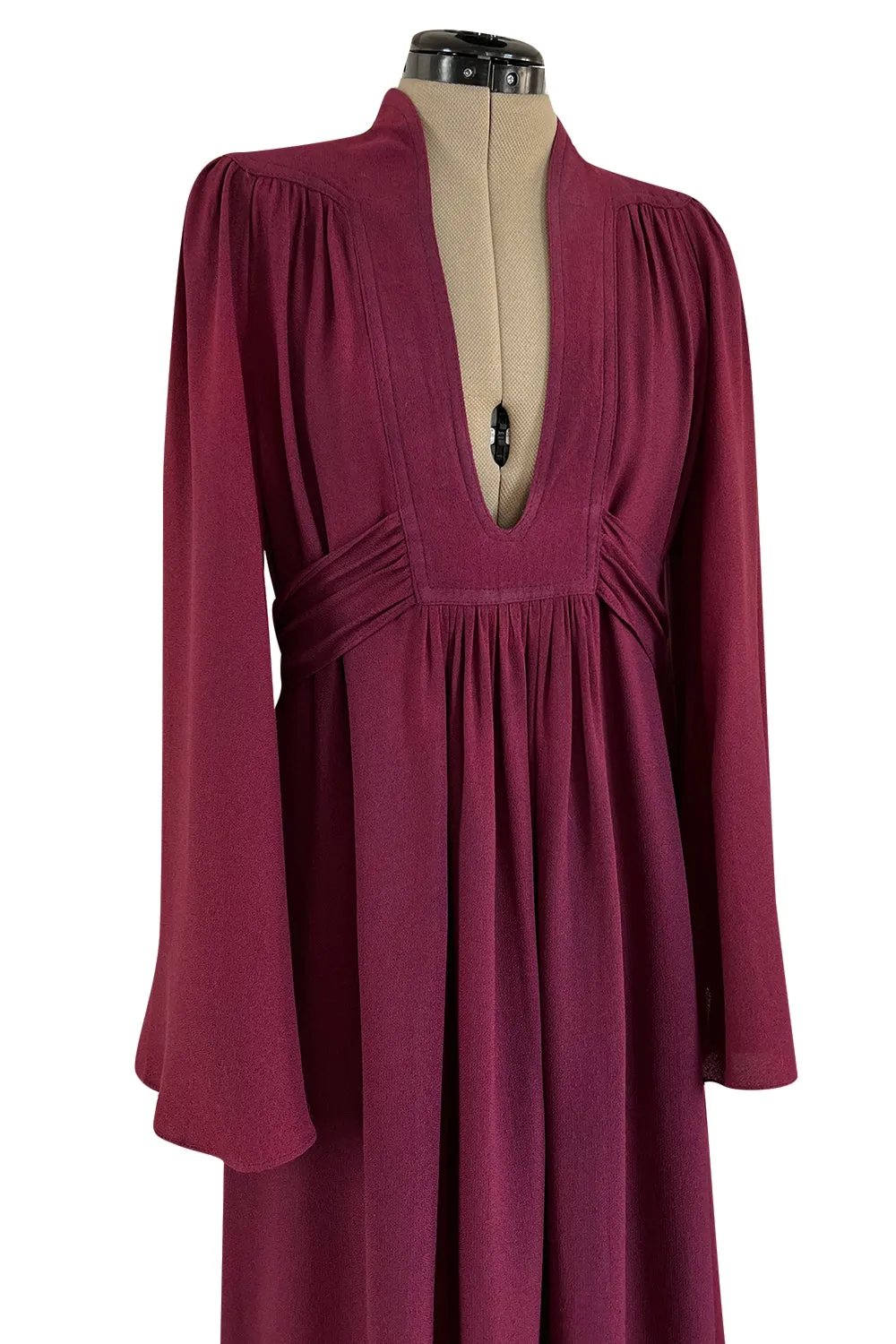1970 Ossie Clark 'Graduation' Front Plunge Dress in a Burgundy Moss Crepe