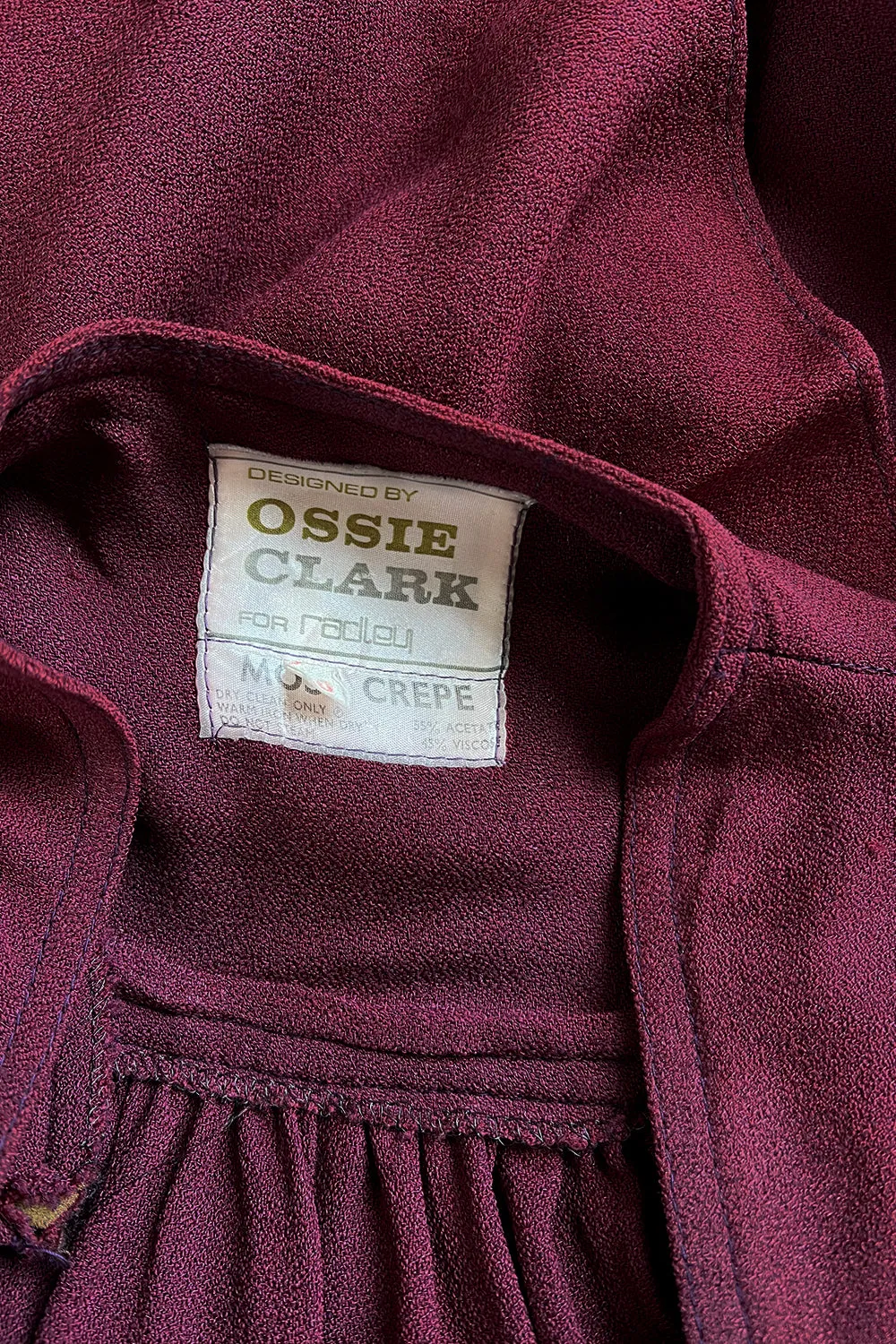 1970 Ossie Clark 'Graduation' Front Plunge Dress in a Burgundy Moss Crepe