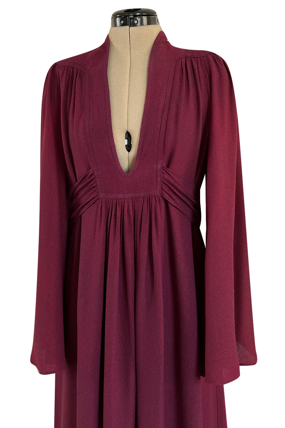 1970 Ossie Clark 'Graduation' Front Plunge Dress in a Burgundy Moss Crepe