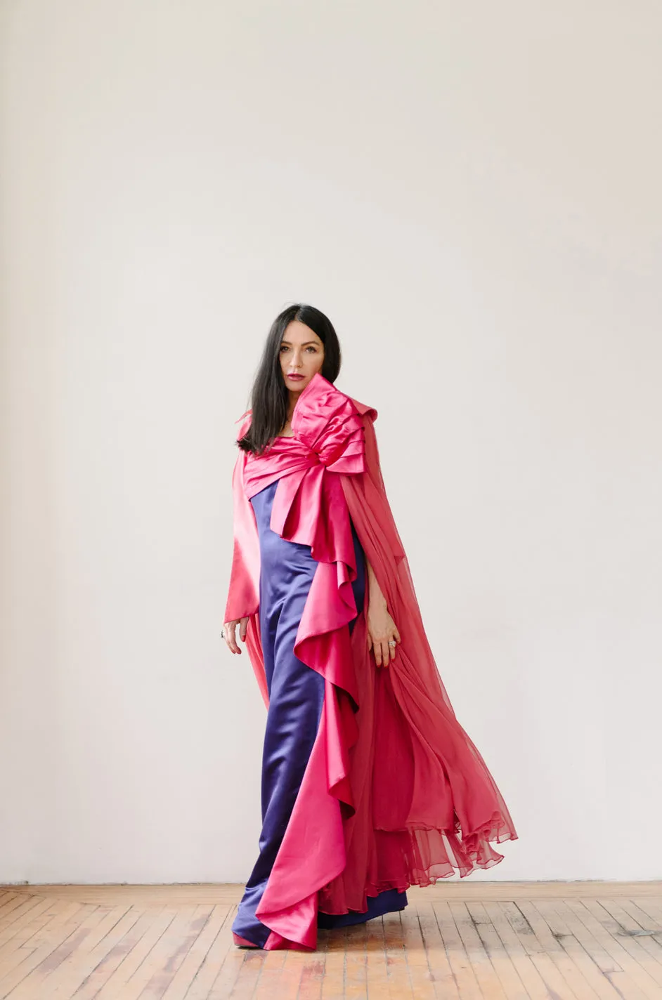 1970s Bill Blass Dramatic Pink & Purple Ruffled Bow Silk Dress