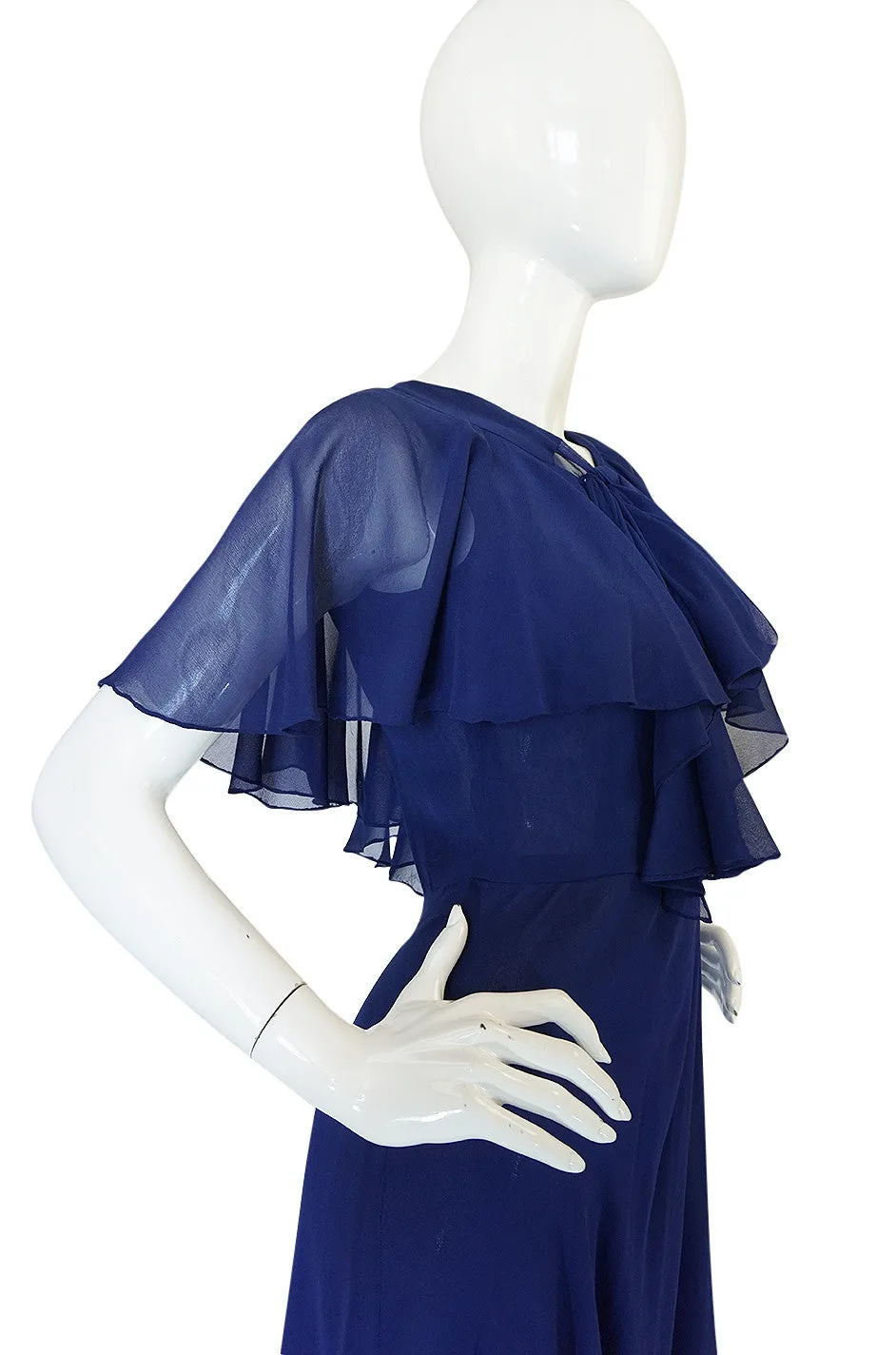 1970s Deep Blue Silk Chiffon Caped Detail Valentino Dress