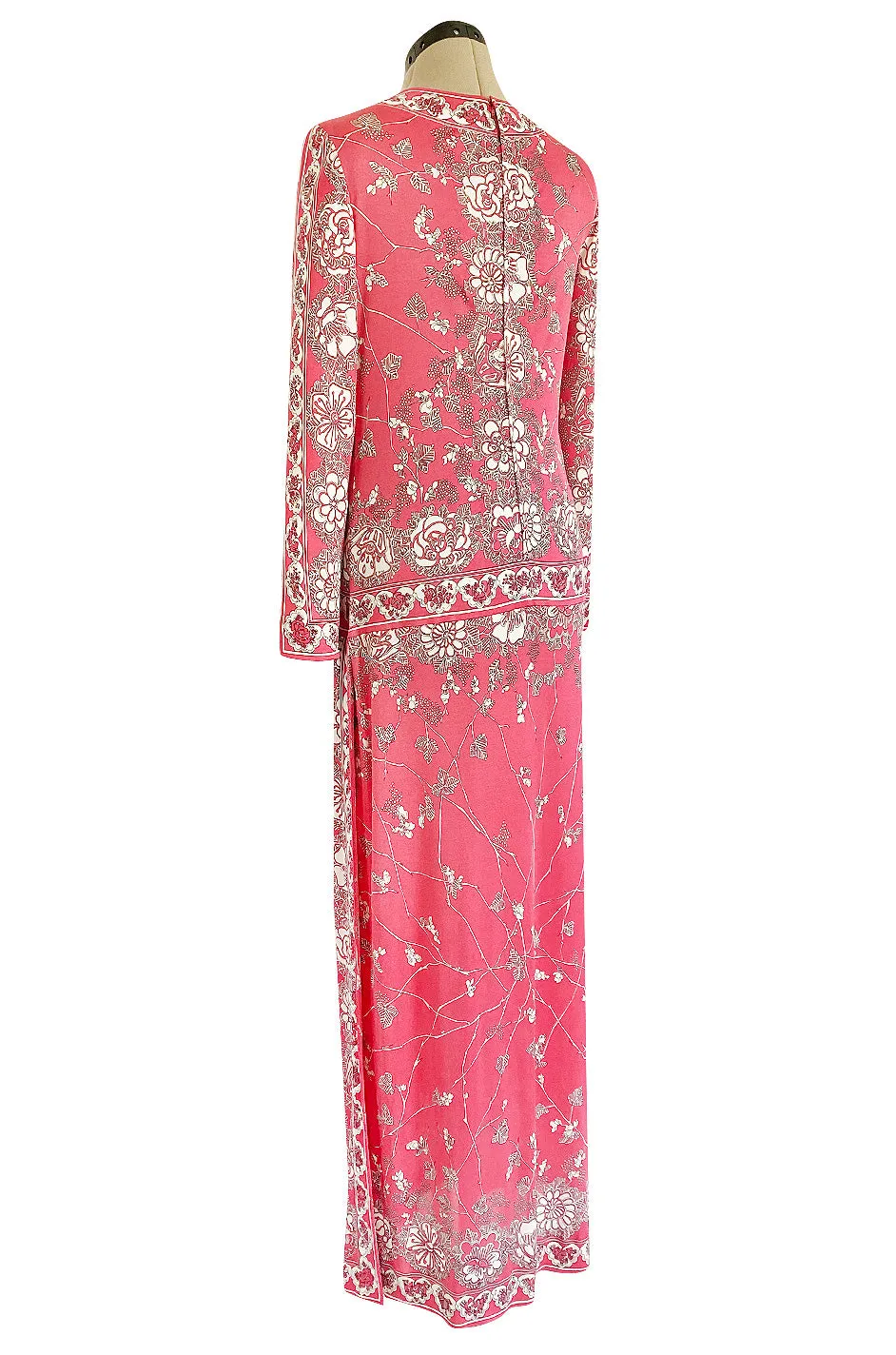 1970s Emilio Pucci Deep Pink Printed Silk Jersey Dress W High Snapped Slit Side Opening Skirt