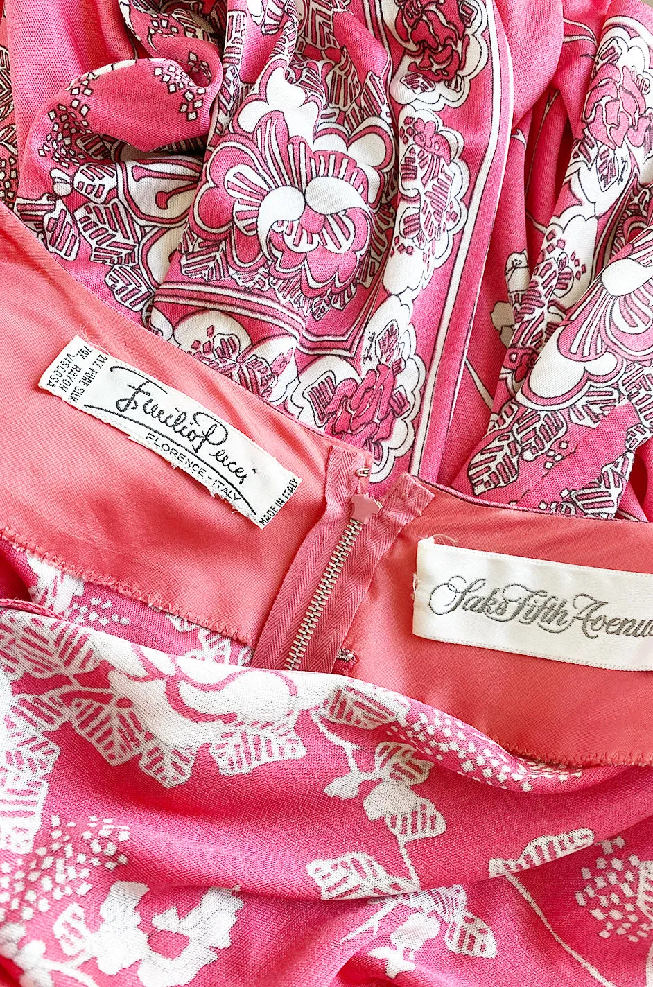 1970s Emilio Pucci Deep Pink Printed Silk Jersey Dress W High Snapped Slit Side Opening Skirt