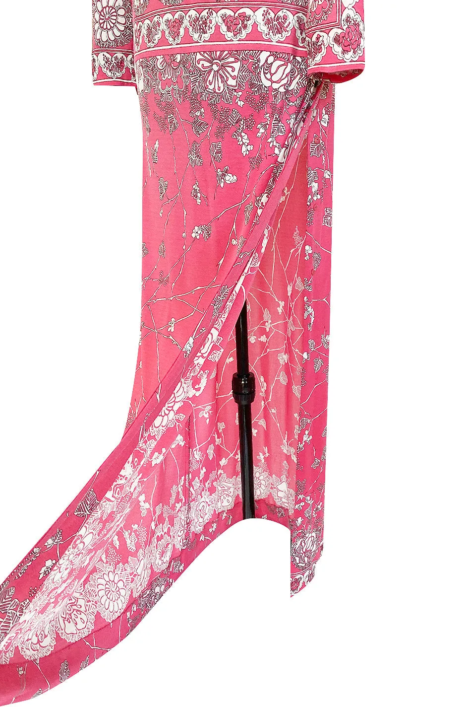 1970s Emilio Pucci Deep Pink Printed Silk Jersey Dress W High Snapped Slit Side Opening Skirt