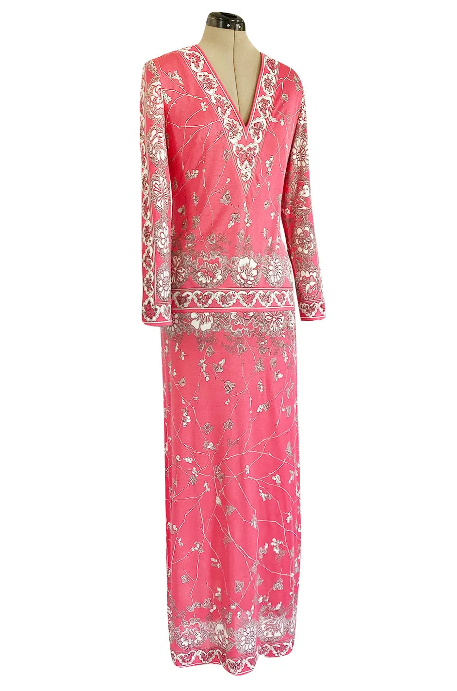 1970s Emilio Pucci Deep Pink Printed Silk Jersey Dress W High Snapped Slit Side Opening Skirt