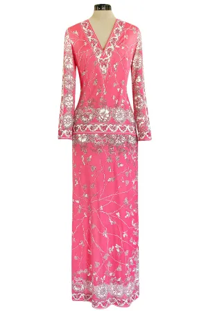 1970s Emilio Pucci Deep Pink Printed Silk Jersey Dress W High Snapped Slit Side Opening Skirt