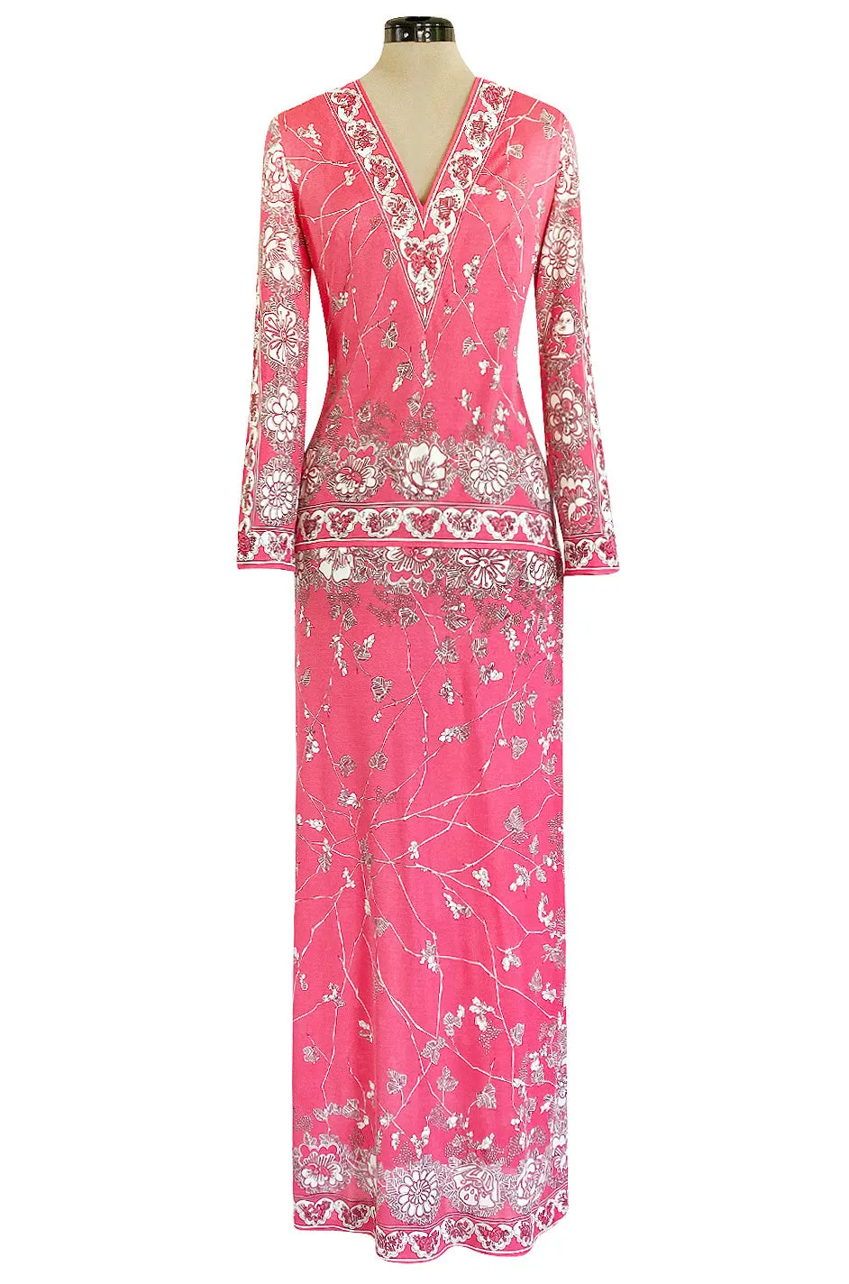 1970s Emilio Pucci Deep Pink Printed Silk Jersey Dress W High Snapped Slit Side Opening Skirt