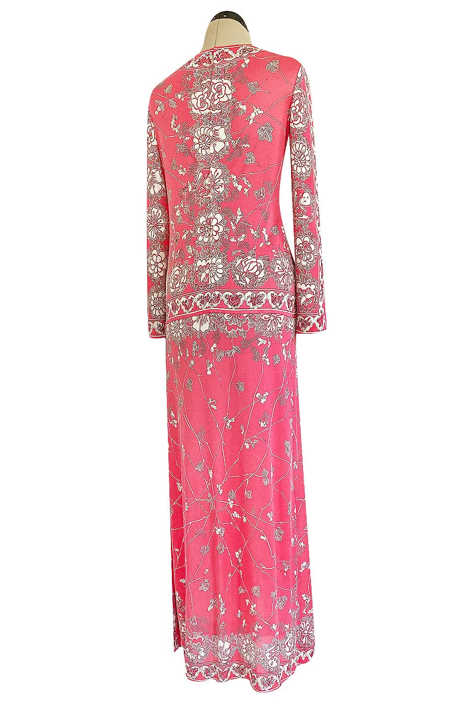 1970s Emilio Pucci Deep Pink Printed Silk Jersey Dress W High Snapped Slit Side Opening Skirt