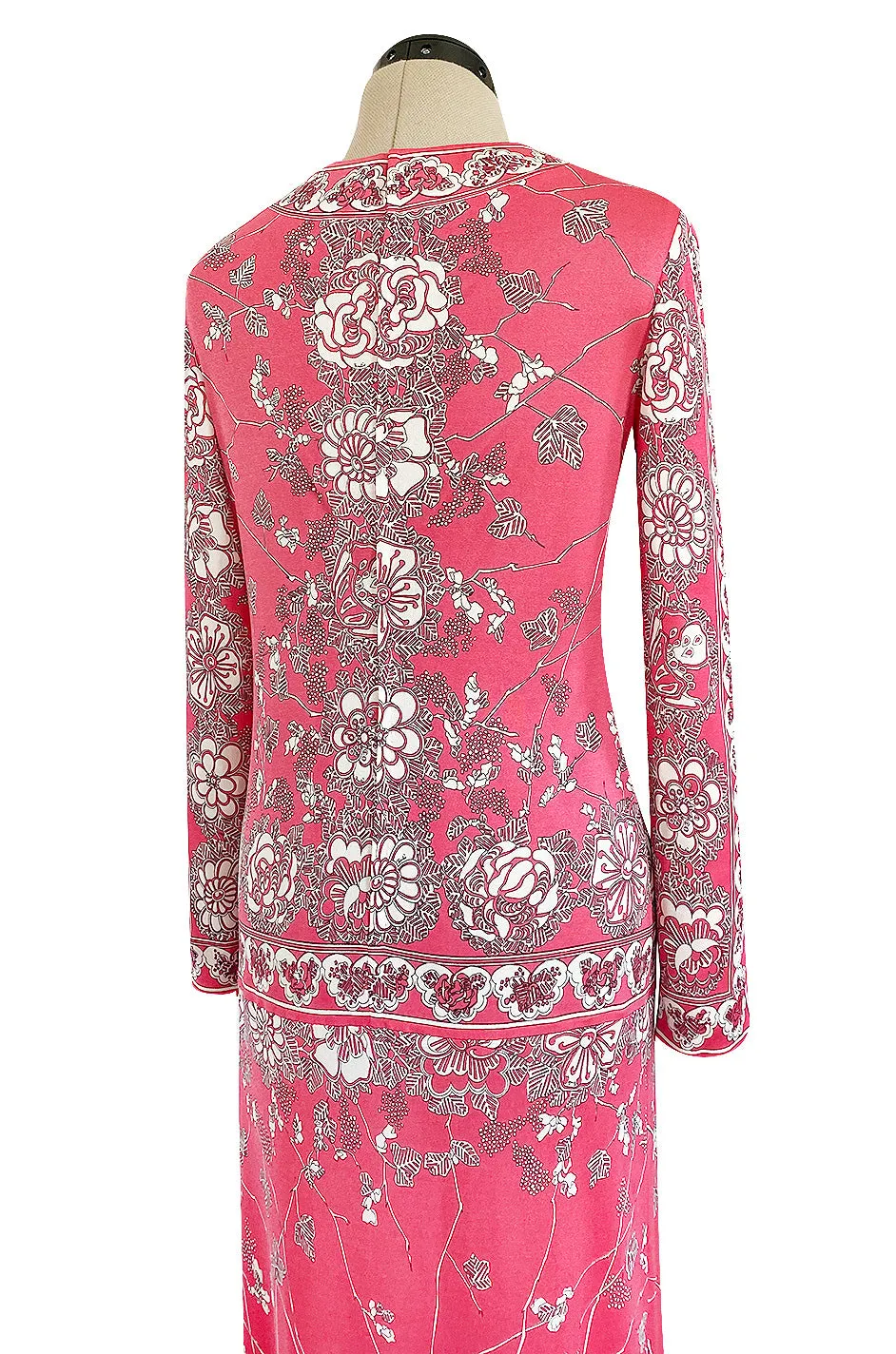 1970s Emilio Pucci Deep Pink Printed Silk Jersey Dress W High Snapped Slit Side Opening Skirt