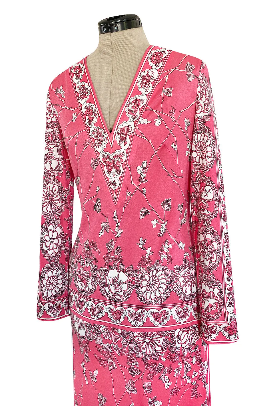 1970s Emilio Pucci Deep Pink Printed Silk Jersey Dress W High Snapped Slit Side Opening Skirt
